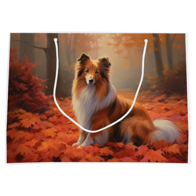 Shetland Sheepdog im Herbst Leaves Fall Inspiriert Große Geschenktüte (Vorderseite)