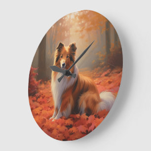 Shetland Sheepdog im Herbst Leaves Fall Inspiriert Große Wanduhr