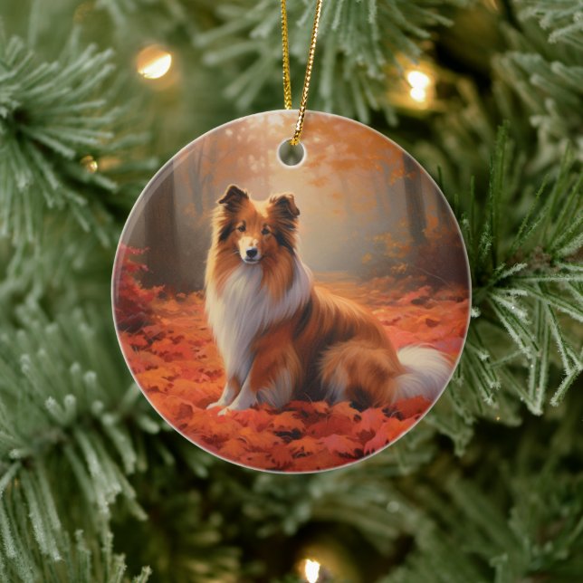 Shetland Sheepdog im Herbst Leaves Fall Inspiriert Keramik Ornament (Baum)
