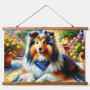 Shetland Sheepdog in einer Cottage-Gartenszene Wandteppich Mit Holzrahmen