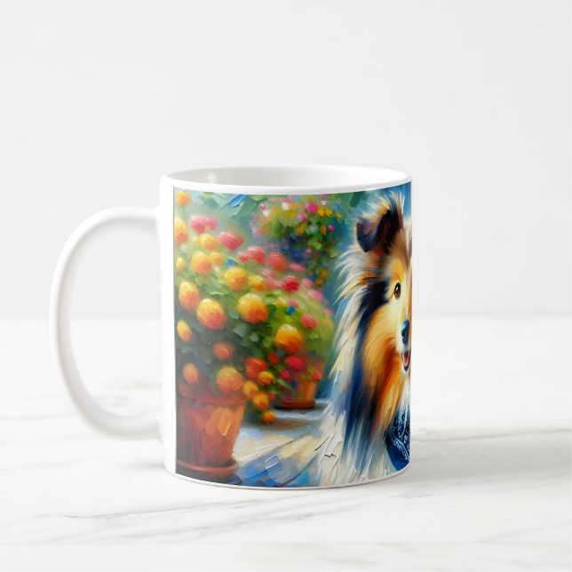 Shetland Sheepdog in Hütte Garden Scene Kaffeetasse (Links)