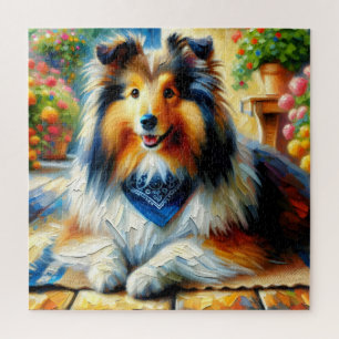 Shetland Sheepdog in Hütte Garden Scene Puzzle
