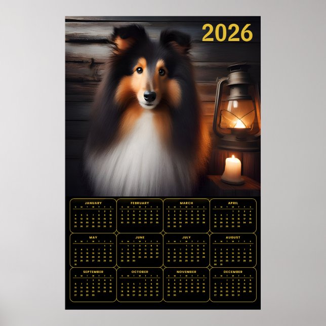 Shetland Sheepdog Lantern Glow Rustic Dog Calendar Poster (Vorne)