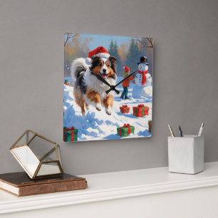 Shetland Sheepdog läuft durch Schnee mit Weihnacht Quadratische Wanduhr