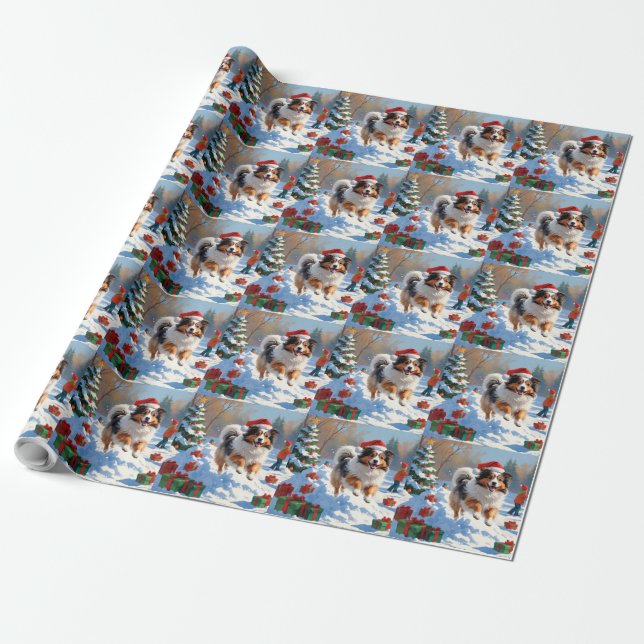 Shetland Sheepdog läuft Schnee mit Weihnachtshut Geschenkpapier (Ungerollt)