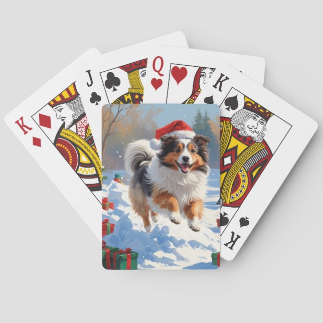 Shetland Sheepdog läuft Schnee mit Weihnachtshut Spielkarten (Rückseite)