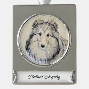 Shetland Sheepdog Malerei - Niedliche Original Hun Banner-Ornament Silber
