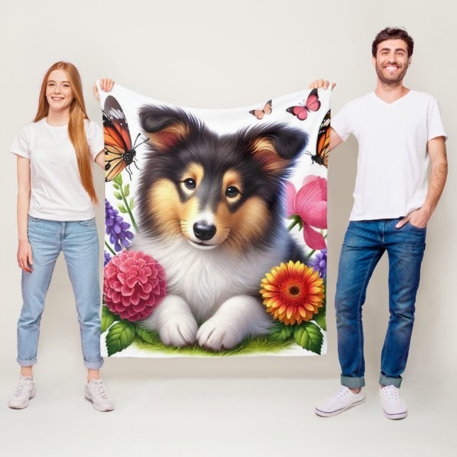 Shetland Sheepdog mit Blume und Schmetterlingen Fleecedecke (Beispiel)