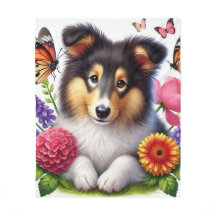 Shetland Sheepdog mit Blume und Schmetterlingen