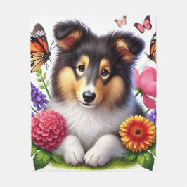 Shetland Sheepdog mit Blume und Schmetterlingen Fleecedecke