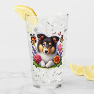 Shetland Sheepdog mit Blume und Schmetterlingen Glas