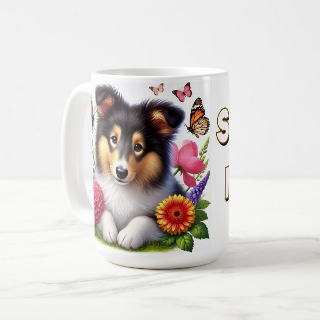 Shetland Sheepdog mit Blume und Schmetterlingen Kaffeetasse (Vorderseite Links)