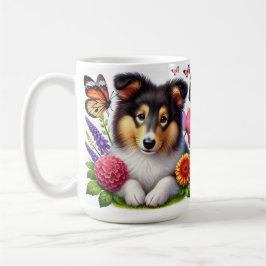 Shetland Sheepdog mit Blume und Schmetterlingen Kaffeetasse