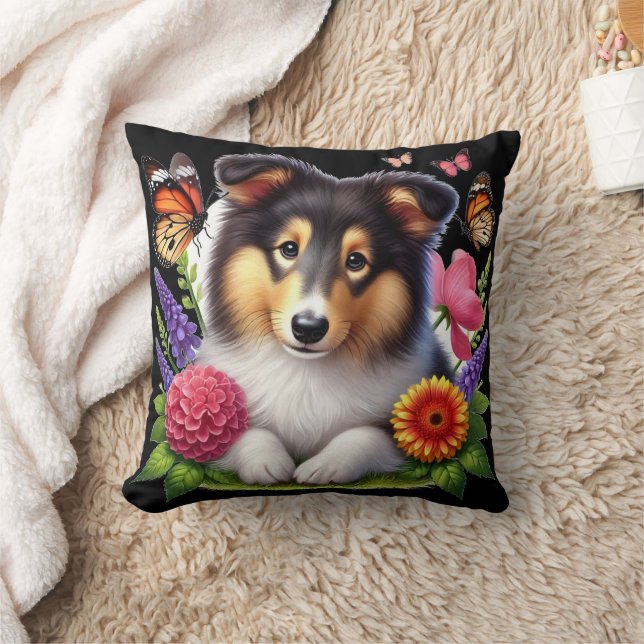 Shetland Sheepdog mit Blume und Schmetterlingen Kissen (Decke)