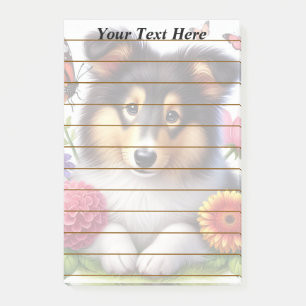 Shetland Sheepdog mit Blume und Schmetterlingen Post-it Klebezettel