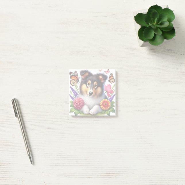 Shetland Sheepdog mit Blume und Schmetterlingen Post-it Klebezettel (Büro)