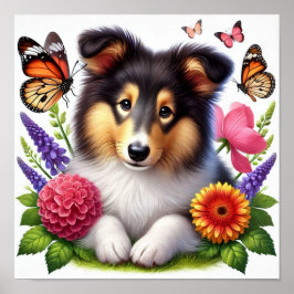 Shetland Sheepdog mit Blume und Schmetterlingen Poster