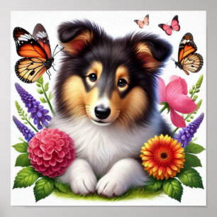 Shetland Sheepdog mit Blume und Schmetterlingen Poster