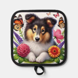 Shetland Sheepdog mit Blume und Schmetterlingen Topflappen