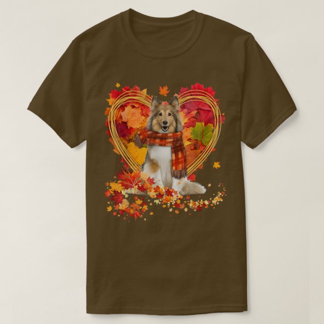 Shetland Sheepdog mit Herz aus Herbstblättern T-Shirt (Design vorne)