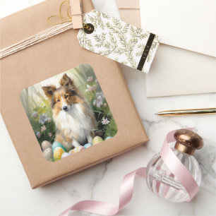 Shetland Sheepdog mit Ostereiern Feiertag Quadratischer Aufkleber
