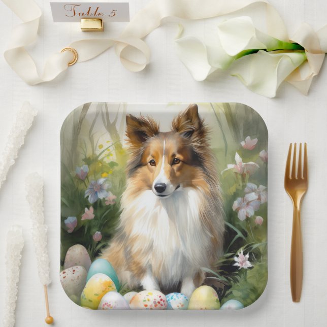 Shetland Sheepdog mit Ostereiern Urlaub Pappteller (Hochzeit)