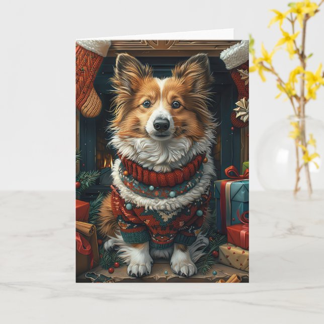 Shetland Sheepdog mit Weihnachtsgeschenken Kamin Karte (Gelbe Blume)