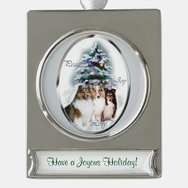 Shetland Sheepdog Personalisiert Banner-Ornament Silber (Vorderseite)