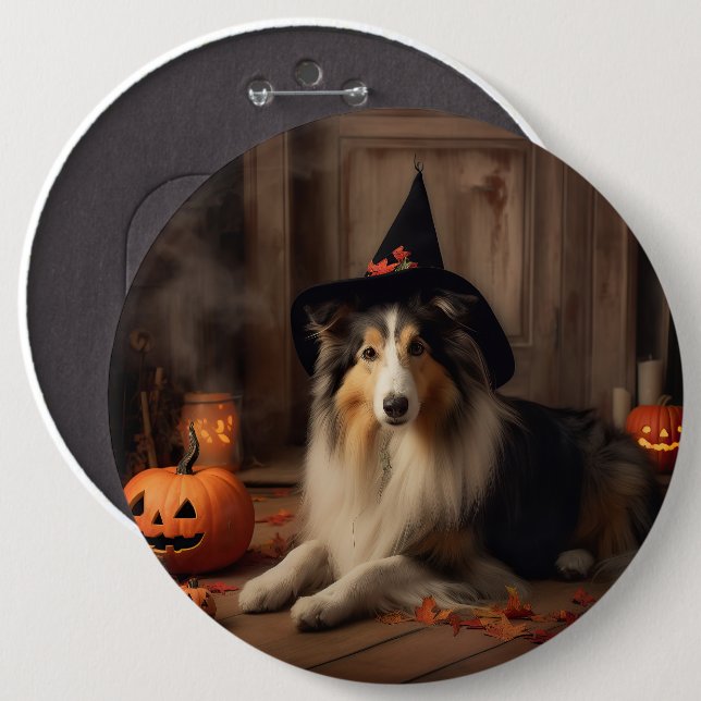 Shetland Sheepdog Pumpkins Halloween Beängstigend Button (Vorne & Hinten)