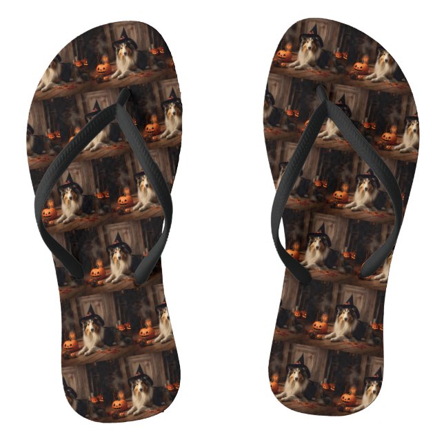 Shetland Sheepdog Pumpkins Halloween Beängstigend Flip Flops (Fußbett)