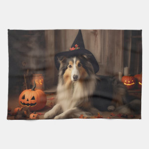 Shetland Sheepdog Pumpkins Halloween Beängstigend Geschirrtuch