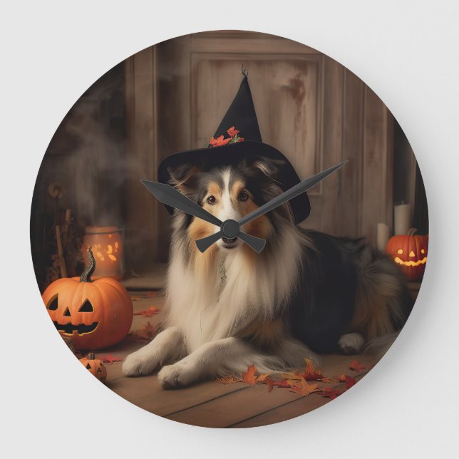 Shetland Sheepdog Pumpkins Halloween Beängstigend Große Wanduhr (Vorderseite)