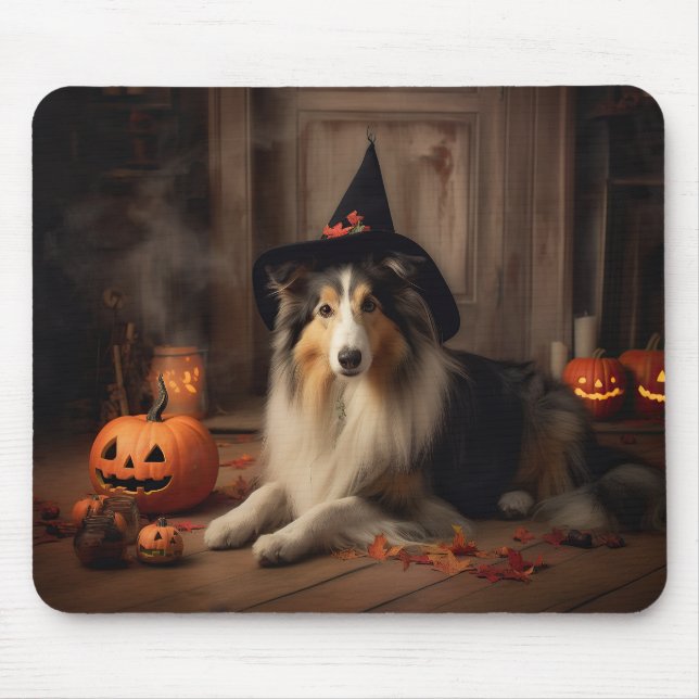 Shetland Sheepdog Pumpkins Halloween Beängstigend Mousepad (Vorne)