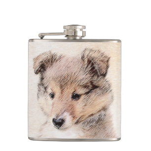 Shetland Sheepdog Puppy Malerei Original Dog Art Flachmann
