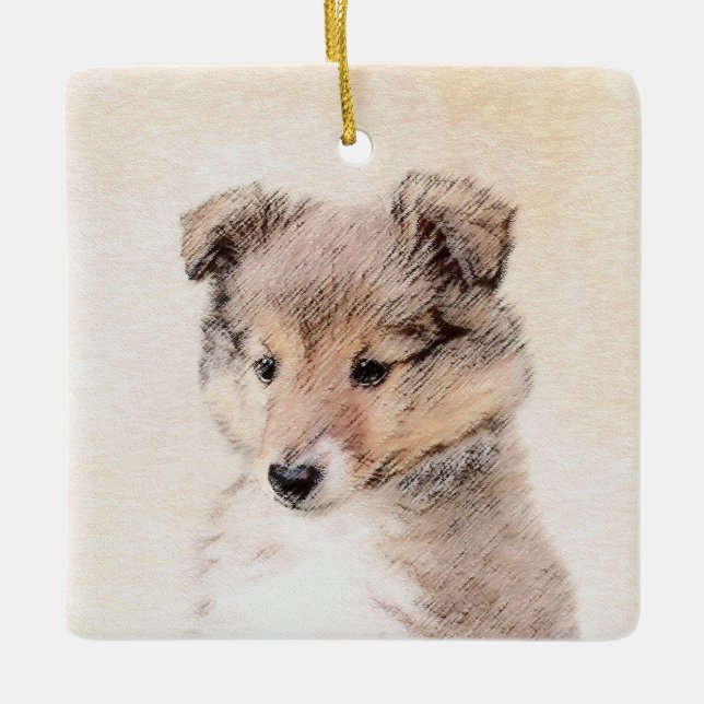 Shetland Sheepdog Puppy Malerei Original Dog Art Keramikornament (Vorderseite)