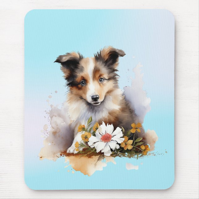 Shetland Sheepdog Puppy Pet Blume Mousepad (Vorne)