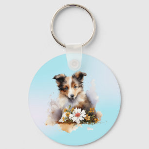 Shetland Sheepdog Puppy Pet Blume Schlüsselanhänger