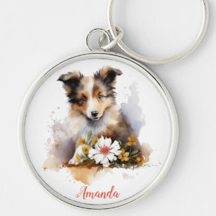 Shetland Sheepdog Puppy Pet Blume Schlüsselanhänger