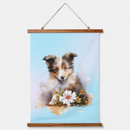 Shetland Sheepdog Puppy Pet Blume Wandteppich Mit Holzrahmen