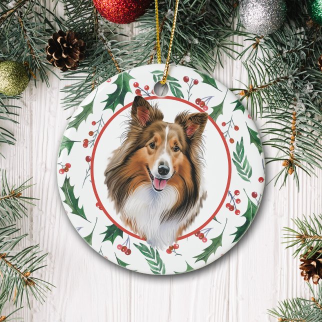 Shetland Sheepdog Red Berry Holly Border Keramik Ornament (Von Creator hochgeladen)