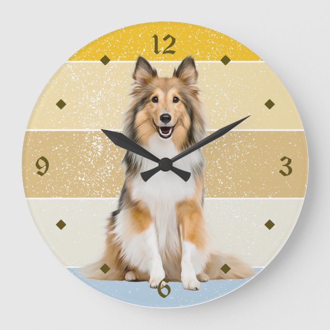 Shetland Sheepdog Retro Sunset Clock Große Wanduhr (Vorderseite)