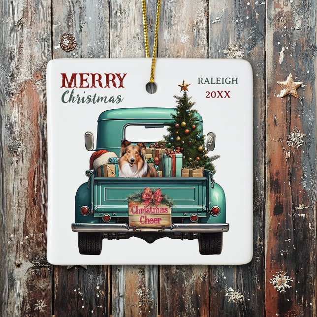 Shetland Sheepdog Retro Truck Weihnachten Keramikornament (Von Creator hochgeladen)