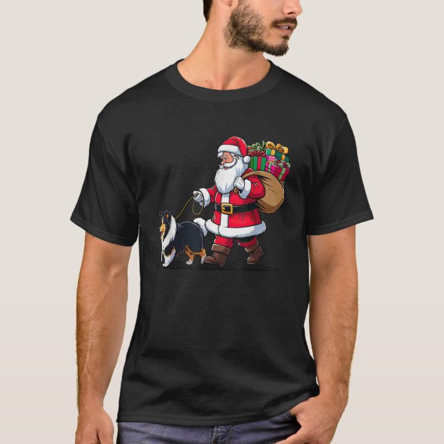 Shetland Sheepdog Santa Claus Funny Dog Weihnachte T-Shirt (Vorderseite)