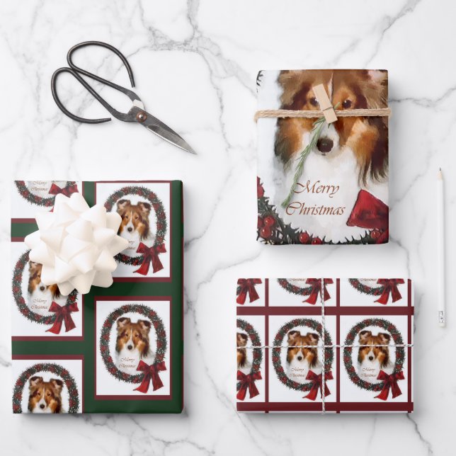 Shetland Sheepdog Sheltie Christmas Geschenkpapier Set (Vorderseite)