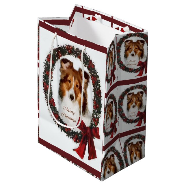 Shetland Sheepdog Sheltie Christmas Mittlere Geschenktüte (Vorderseite Schrägansicht)