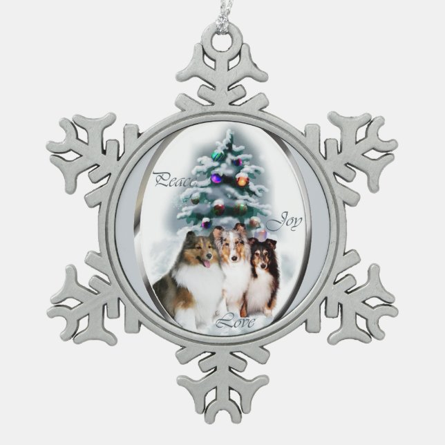 Shetland Sheepdog Sheltie Christmas Schneeflocken Zinn-Ornament (Vorderseite)