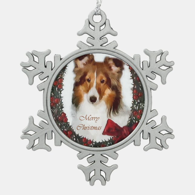 Shetland Sheepdog Sheltie Christmas Schneeflocken Zinn-Ornament (Vorderseite)