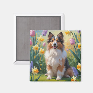 Shetland Sheepdog Spring Flowers Malerei Magnet