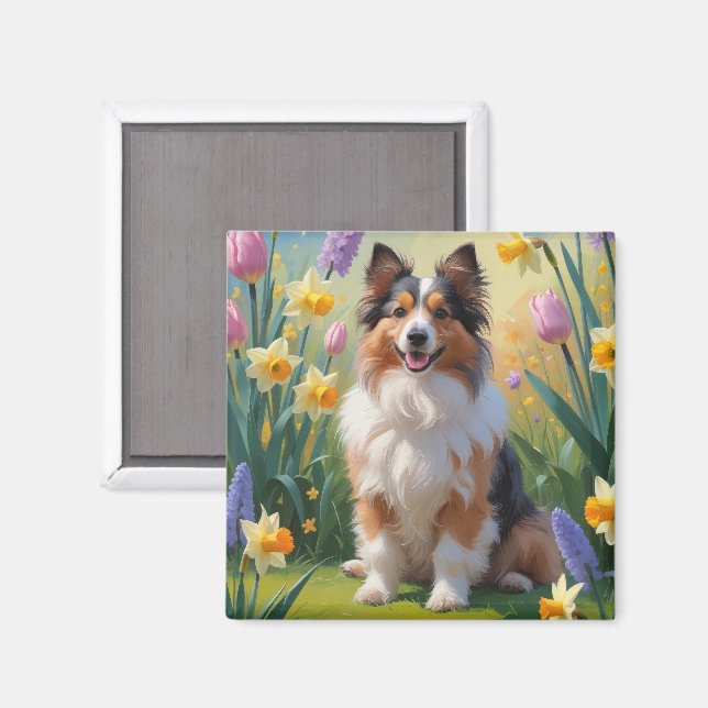 Shetland Sheepdog Spring Flowers Malerei Magnet (Vorderseite/Rückseite)