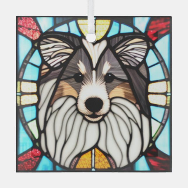 Shetland Sheepdog "Stached Glass" Ornament Aus Glas (Vorderseite)
